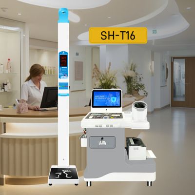 Interaktiver Gesundheitskiosk mit Waagen, der anpassbare Gesundheitsbewertungen bietet